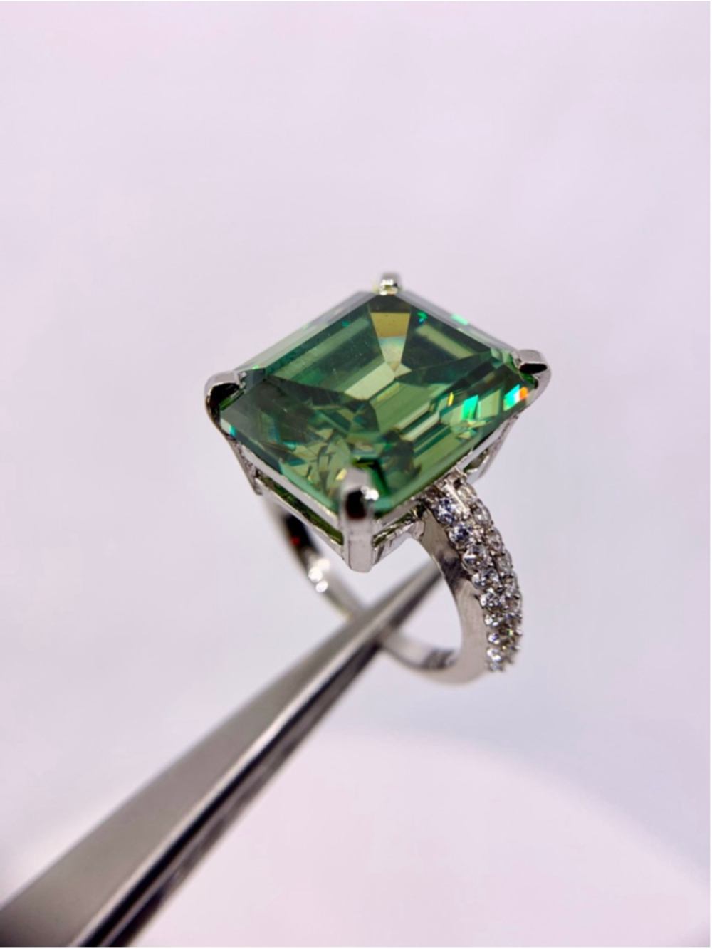 Emerald Cut Moissanite Ring Vivid Blue Green 925 10 Ct - Picture 10 of 10